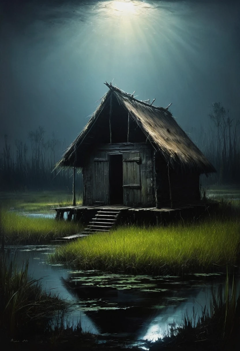 painting of a hut in the swamp, dark atmosphere, cinematic scene, volumetric lights, ultra realistic, in the style of nicola samori