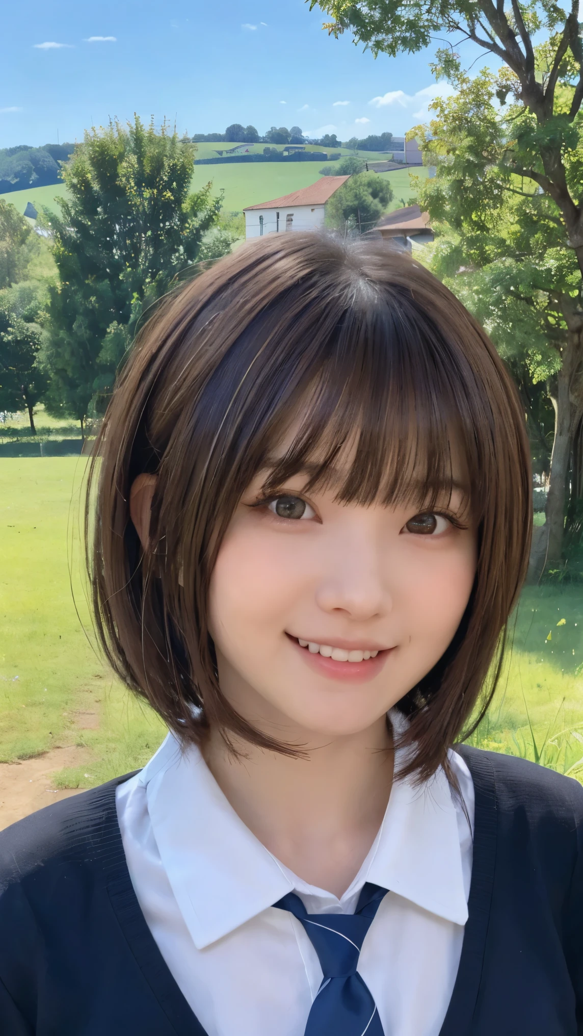 One person'S, (beautiful girl, delicate:1.3), (:1.3),
break, (Lush countryside background:1.2),
break, Embarrassed Laugh, Very beautiful eyes, (Symmetrical eyeS:1.3),
break, (E cup breasts:1.3), School uniformS:1.3, Brown eyes, Parted bangs, Brown bob cut hair, Round face, cute,
break, (Eye and facial details:1.0),
break, (masterpiece, Highest quality, Very detailed, Detailed face, 8k)