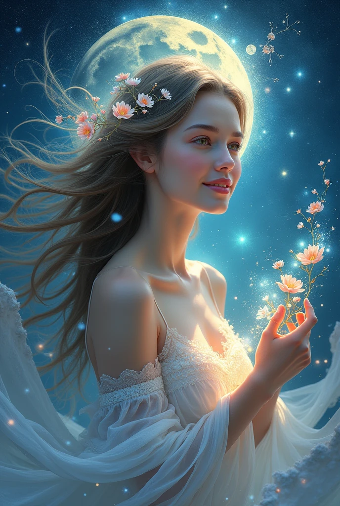 
(sun, moon, and stars, Night sky), (Masterpiece, best quality, best quality, official art, Beautiful and handsome: 1.2), (1 fullbody girl inside), ((A walking stick, Buddha&#39;s Light, ion current, Aurora)), very detail, (fractal art: 1.3), Colorful, most detailed, (Posture while moving: 1.4), Beautiful and smooth face with details, Beautiful and delicate eyes with details, Very fine definition of eyes, (symmetrical eyes: 1.3), ((natural smile)), floral fragrance, hair, Goddess Image