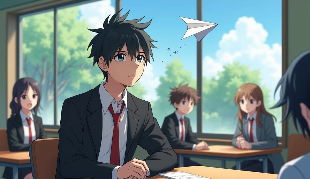 A medium shot anime-style of a male character with natural slightly messy and tousled hair, similar to the main character of the anime 'Hyōka'. He is dressed in a Japan-style school uniform He wears a black blazer as part of his school uniform, with a white t-shirt underneath, and a red tie. He is sitting in a school classroom at a table by the window side. His one hand is on his cheek and His face is expression disinterested. The background is filled with other students. With sleepy eyes , he is 1 , He weighs 50 kilograms
"He is looking out the window when a paper plane suddenly hits his forehead."
"All the students around him are having fun with their friends, but he is sitting alone."
"When he is looking outside, a paper plane is flying and circling above his head."
"A shape appears on his forehead as he watches the plane."