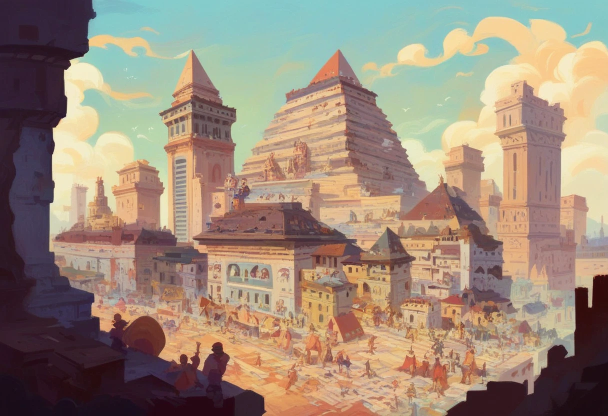 A picture of a big tower made of bricks、People at the top々There are, Digital rendering by David G. Sorensen, CG Association Contest Winner, naive art, tower of Babel, Babel, the tower of Babel, bruegels the tower of Babel, ziggurat, Ancient megastructures: pyramids, Fortress huge structure city, Cities of ancient Persia