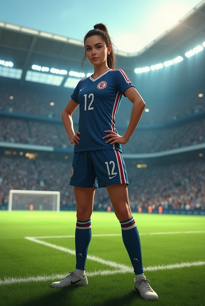 Football field realistic with a girl with jersey number 12 realaisticcc