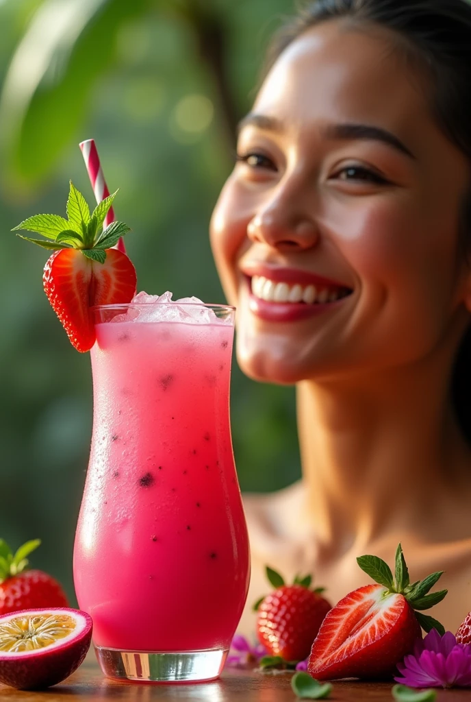 pitahaya frappe, strawberries,  Passion fruit and coconut water with a girl drinking it 