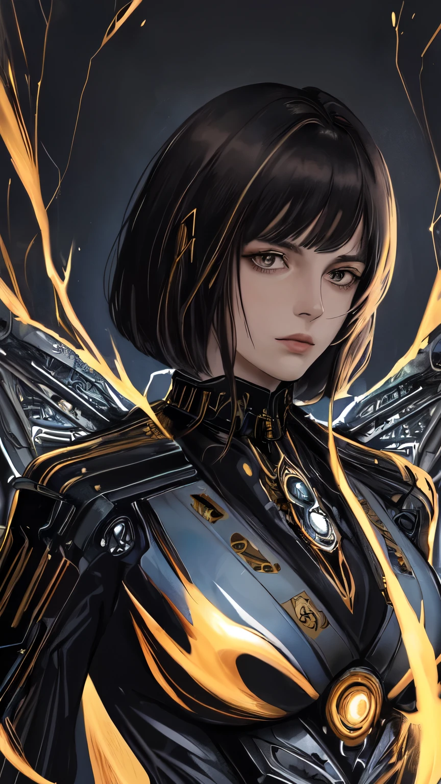 In a digital work of art, a portrait of a futuristic woman comes to life. Her wired, flowing locks are styled in a sleek bob with bangs. Clad in a black and gold metallic suit adorned with intricate details and patterns, the ensemble boasts various mechanical components like wires, cables, and machinery. Captured from head to toe, the woman's head is slightly tilted to the side, her pupils intricately detailed with robotic components, fixated on a distant point. Her sharp gaze exudes an aura of penetrating intensity. The backdrop resembles a realistic and intricate laboratory, enveloped in a dark gray hue, enhancing the mystery and futurism of the scene. The color palette predominantly features shades of black, gold, and silver, accentuated by sparks of fire and electricity, imbuing the artwork with a palpable sense of futurism and innovation.