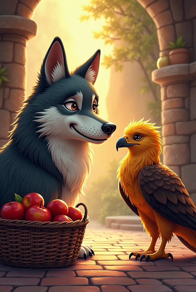 A tame wolf smiling talking to a young eagle with bright golden feathers, in the scene there is a basket of apples on the floor, the floor is made of medieval bricks, It has vibrant and very eye-catching colors, comic book style.
