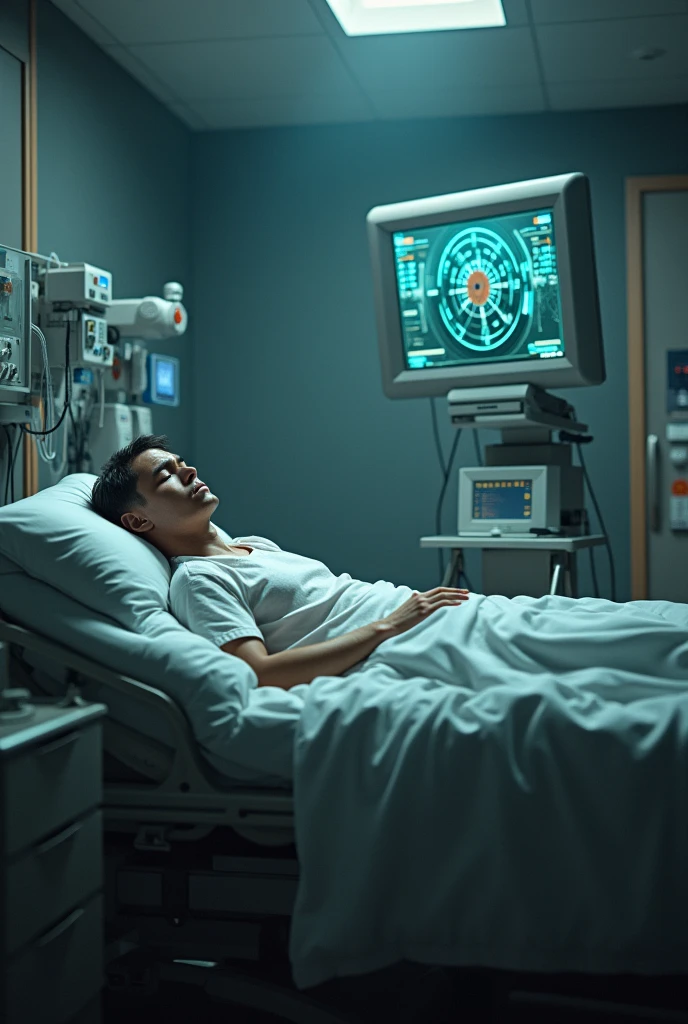 Prompt for the tragic event of Anavil's illness: "A dramatic scene depicting Anavil, a young researcher, lying in a hospital bed with a terminal illness. The room is filled with advanced medical equipment and a somber atmosphere. Anavil’s expression is one of resignation and sadness. Nearby, a screen displays the BioNet technology, symbolizing his final decision to upload his consciousness.