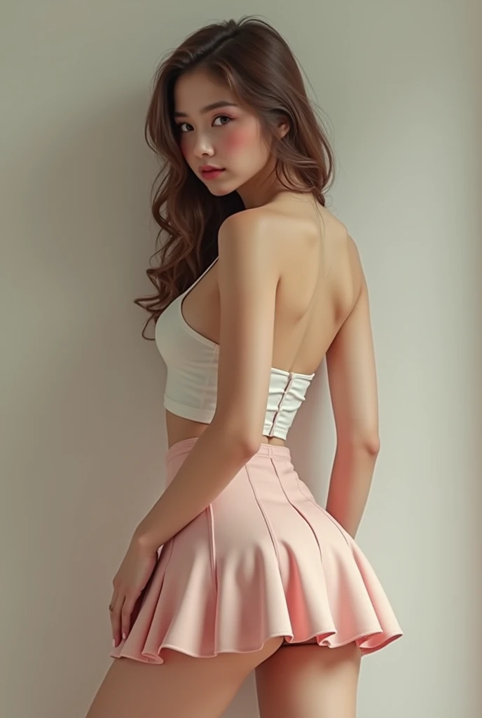 British Girl with pink pantie, she wear a skirt, show medium breasts with colegiala style, show her waist, and her beautiful legs