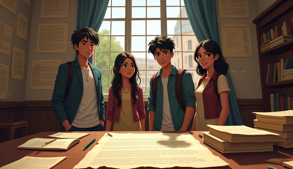 "A room filled with historical documents and a letter on a table. The letter reveals that the entire mystery was a test of their intellect and teamwork. The room has a large window overlooking the university campus. Alex, Jamie, and Priya stand in the background, relieved and excited as they reflect on their successful adventure."