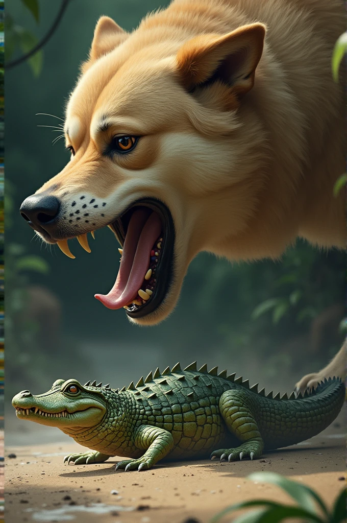 Baby crocodile bullied by big dog