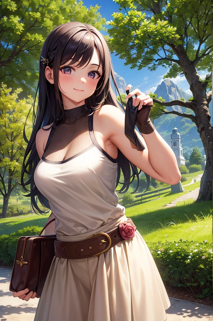 Best Quality, ultra detailed, photorealistic: 1.39) masterpiece, Best Quality, beautiful trees, rocky mountain, flores, by magenta, shy smile, making a shy expression, stylish hairstyle, on a plantation, wooden fence, adventurer clothing, mono, Tank top and beautiful women&#39;s sneakers