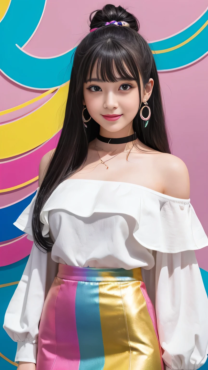 "Generate a highly detailed, vertical portrait of a beautiful Japanese girl with dual-colored hair, silver on the left side and black on the right side, with the tips dyed bright yellow. Her long hair flows in the wind, creating a striking visual effect. She has large, shimmering rainbow-colored eyes and a cheerful smile. Her cheeks are blushed, giving her a healthy and lively expression. The girl is dressed in a white off-shoulder top, loose and relaxed, paired with a shiny black vinyl tight skirt, giving a modern and stylish appearance. She wears large pink flower earrings and a black choker around her neck. The background is colorful and artistic, featuring rainbow splashes and abstract patterns, predominantly in blue, pink, and yellow hues. The distant landscape shows a meadow, adding to the overall fantastical and creative atmosphere."