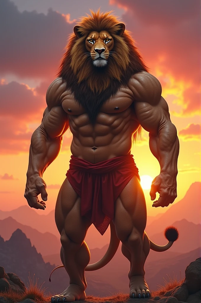 A lion human type  with 6 pack abs stand in sunset