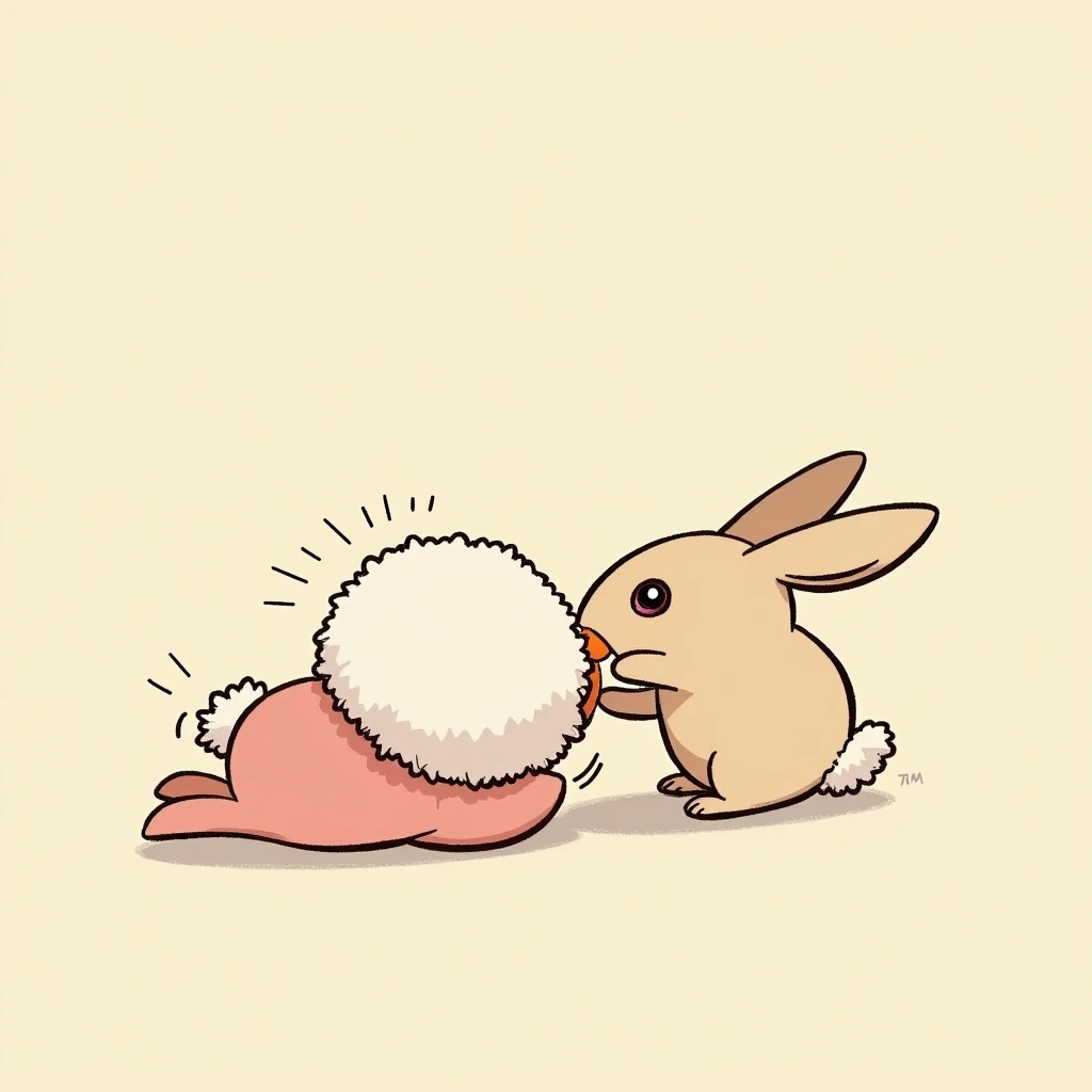 Chibi Style, dot halftone, Flat Color, A rabbit bending forward to look at its anus,The mouth and anus are connected,I'm doing my best