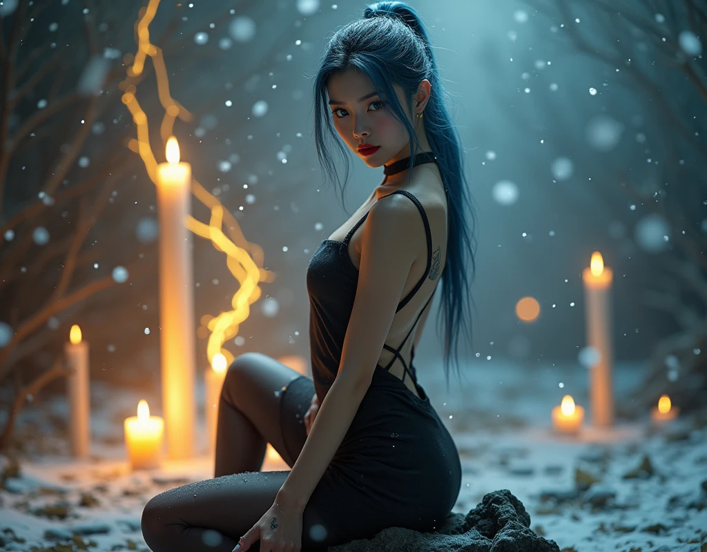 Virtual image, Realistic, Virtual Magic, Chinese woman, undercover, 1 woman, beautiful, charming, sexy, Medium bust, Blue-bronze hair, medium length hair, light blue eyes, red lips, tattoo, sexy, Black tight dress, tights, high-heels, full body, Real picture, Pose naturally, Candle floating in the air, A lot of yellow lightning with white candles around it., Snowfall at night