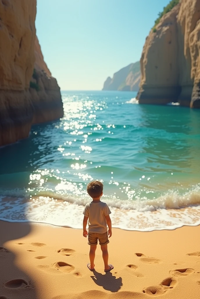 A  boy stand up in bich and see Ocean View 
 Full realistic 