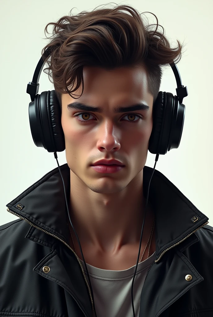 boy , artistic Design , adult , facing front, with jacket, headphones