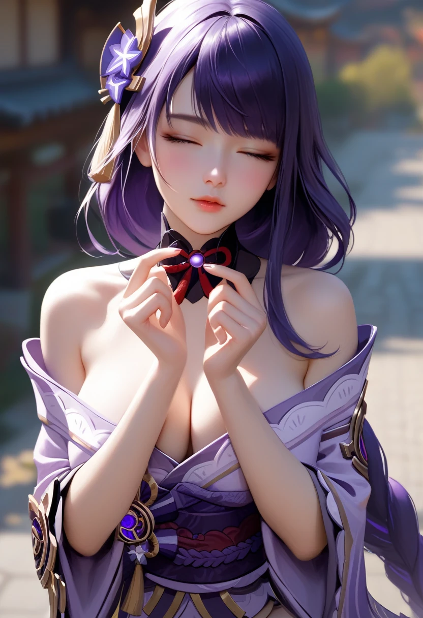 1girl ,score_9, score_8_up, score_7_up, high quality ,masterpiece ,best quality ,,girl,Cute Face,,Poke out your lips, large breast ,Beautiful Skin,_Shogun_Genshin Impact, Purple long hair,Both eyes closed,Slouching,hold out both hands to the viewer,Put your hands out in front of you