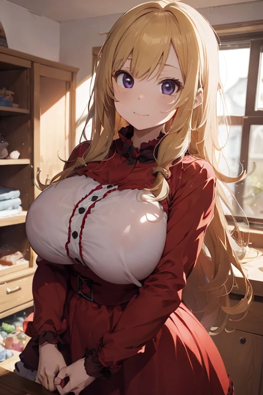 1 female, teenage girl, red long sleeve dress, blonde long hair, rosa cheeks, gothic home, playing a dolls, happy sad face, huge breast, hand, wet