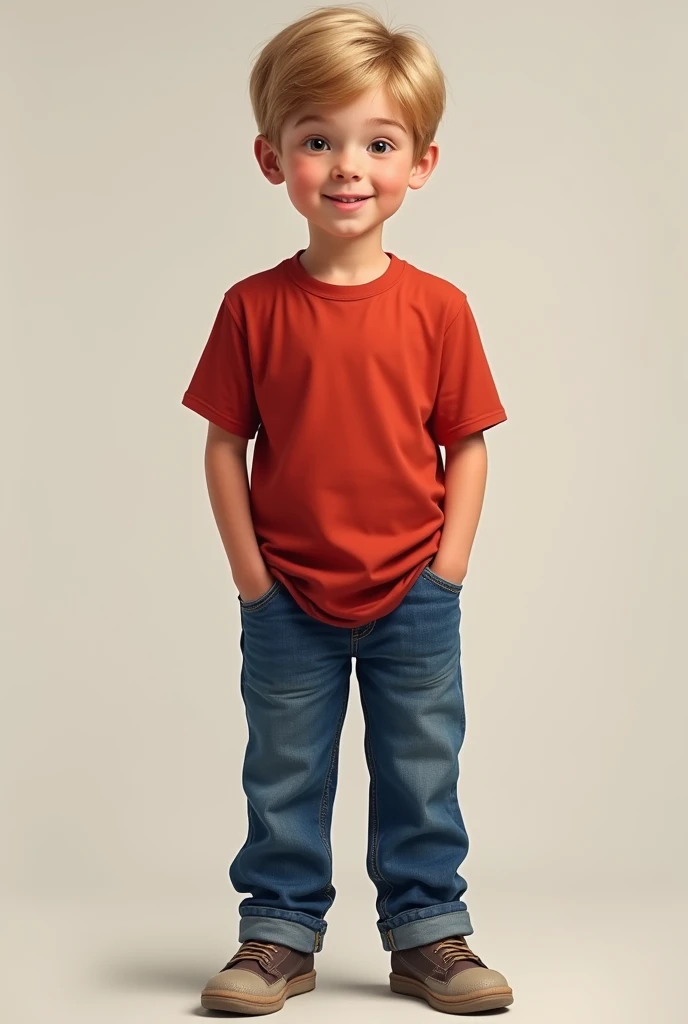  boy, realist, human, rubio, with red t-shirt and blue jeans, Whole body