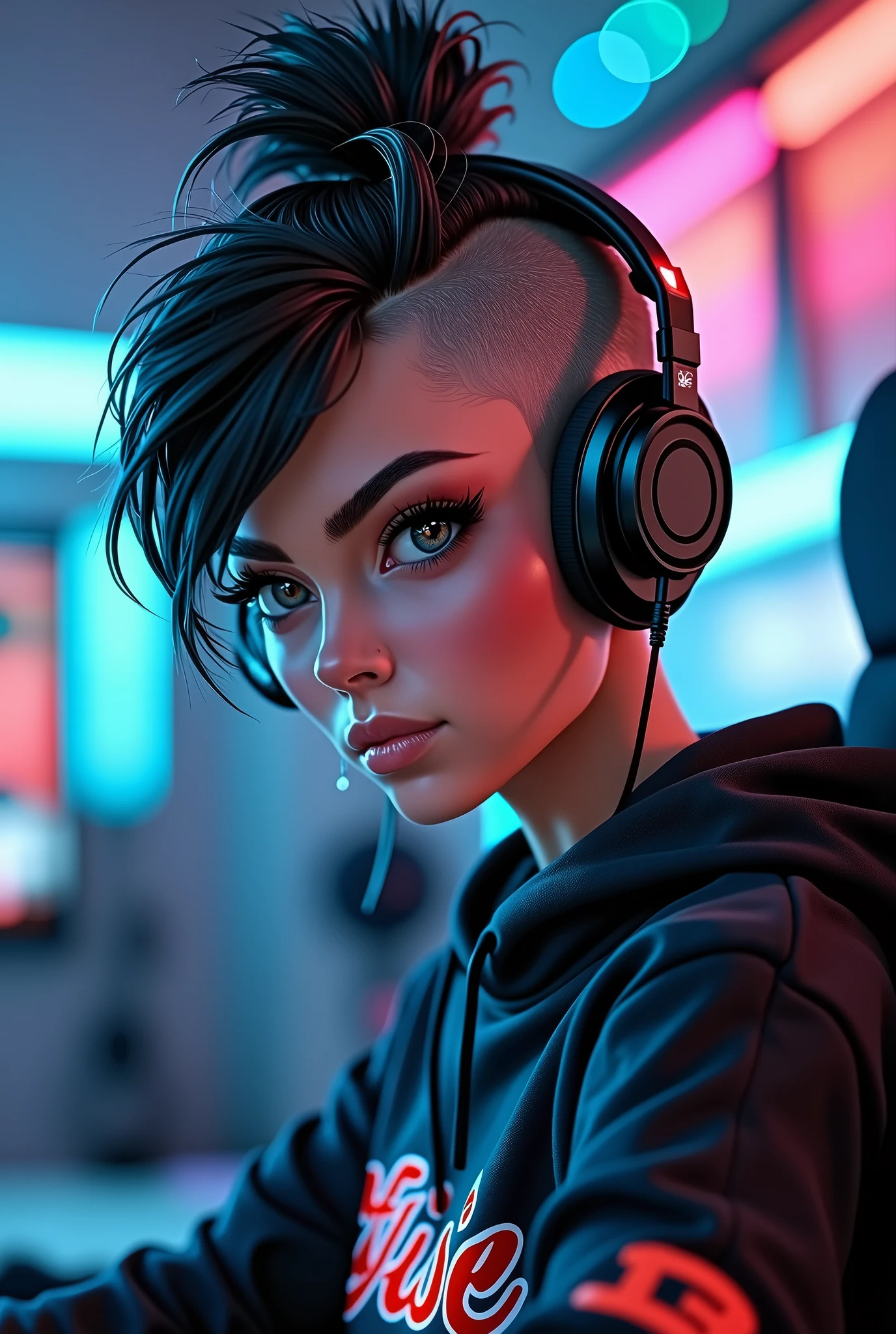 Gamer girl with hair up and shaved on the sides