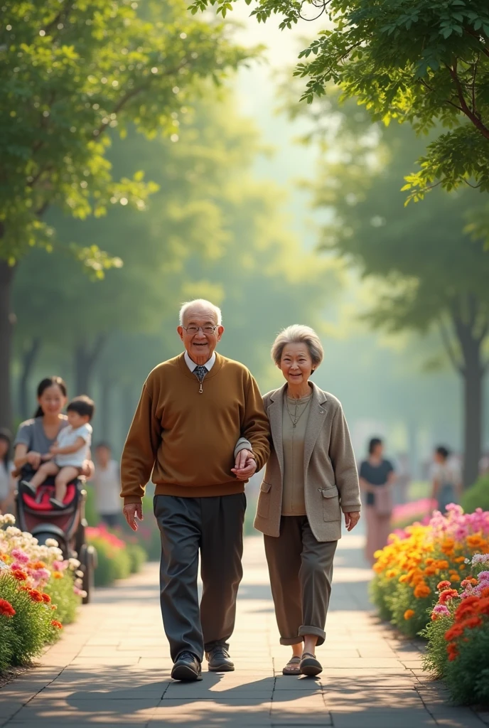 An elderly Chinese couple is walking in the park with smiles on their faces. The trees around are very green, and the flowers in the garden are blooming beautifully. Children are playing around, and a young couple is walking with their baby. It is very lively. Real portraits, real scenes