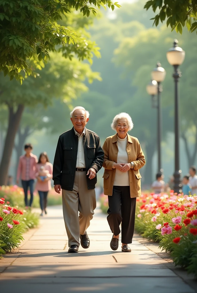 An elderly Chinese couple is walking in the park with smiles on their faces. The trees around are very green, and the flowers in the garden are blooming beautifully. Children are playing around, and a young couple is walking with their baby. It is very lively. Real portraits, real scenes