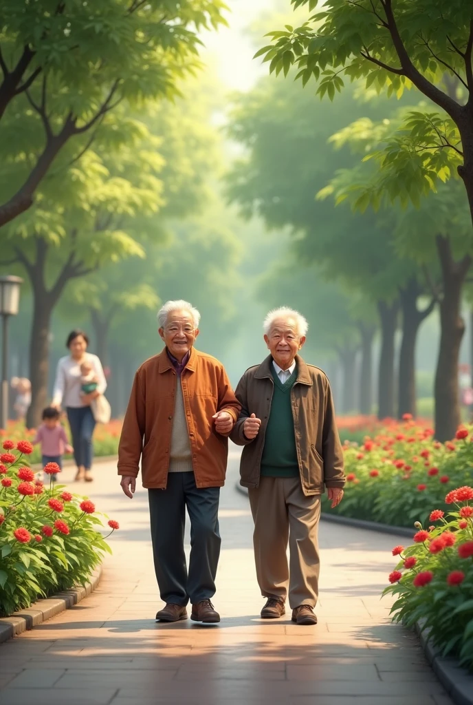An elderly Chinese couple is walking in the park with smiles on their faces. The trees around are very green, and the flowers in the garden are blooming beautifully. Children are playing around, and a young couple is walking with their baby. It is very lively. Real portraits, real scenes
