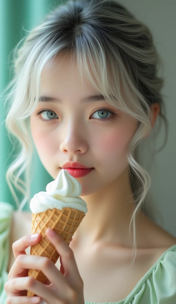 a close-up of a girl solo long hair and white person holding an ice cream cone, sweet girl, woman with wavy silver hair, bangs, light blue eyes, red lips, tender green dress,