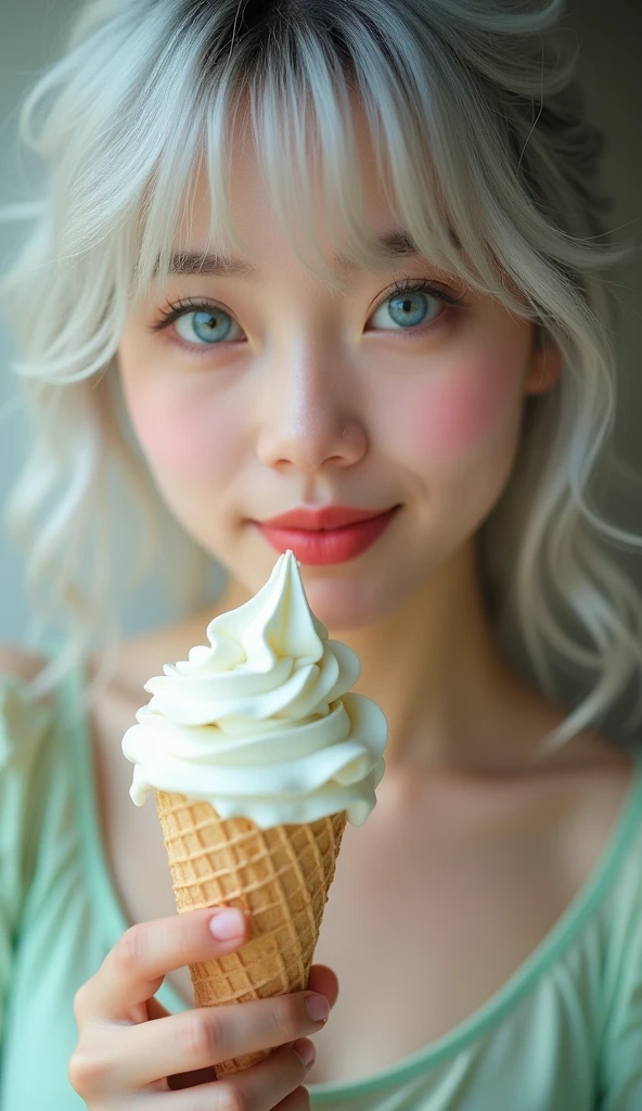 a close-up of a girl solo long hair and white person holding an ice cream cone, sweet girl, woman with wavy silver hair, bangs, light blue eyes, red lips, tender green dress,