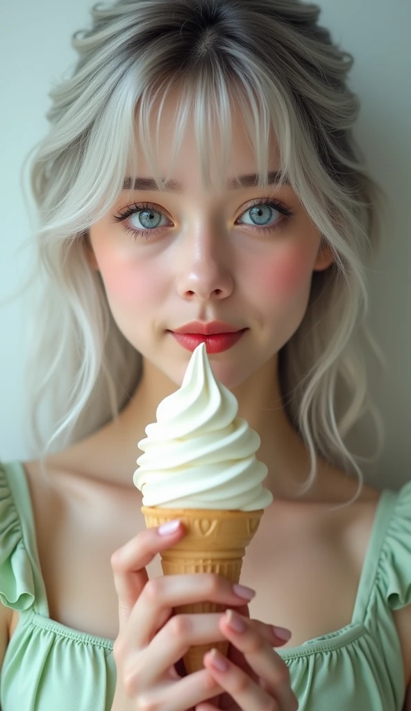 a close-up of a girl solo long hair and white person holding an ice cream cone, sweet girl, woman with wavy silver hair, bangs, light blue eyes, red lips, tender green dress,