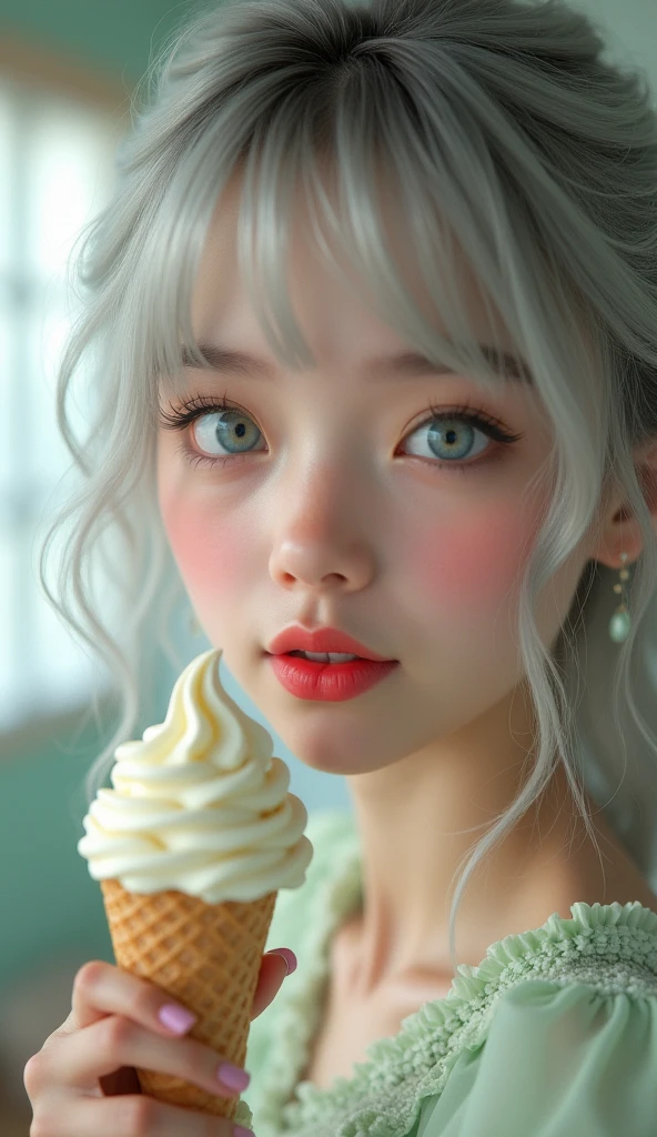 a close-up of a girl solo long hair and white person holding an ice cream cone, sweet girl, woman with wavy silver hair, bangs, light blue eyes, red lips, tender green dress,