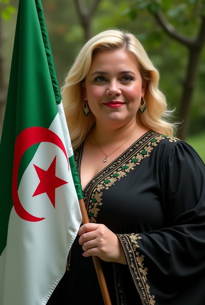 Close up, blonde, plump woman . She is wearing a black caftan decorated with gold threads embroidered with a modern and high quality technique. She is holding a detailed and precise Algerian flag in green and white, green nature background. 