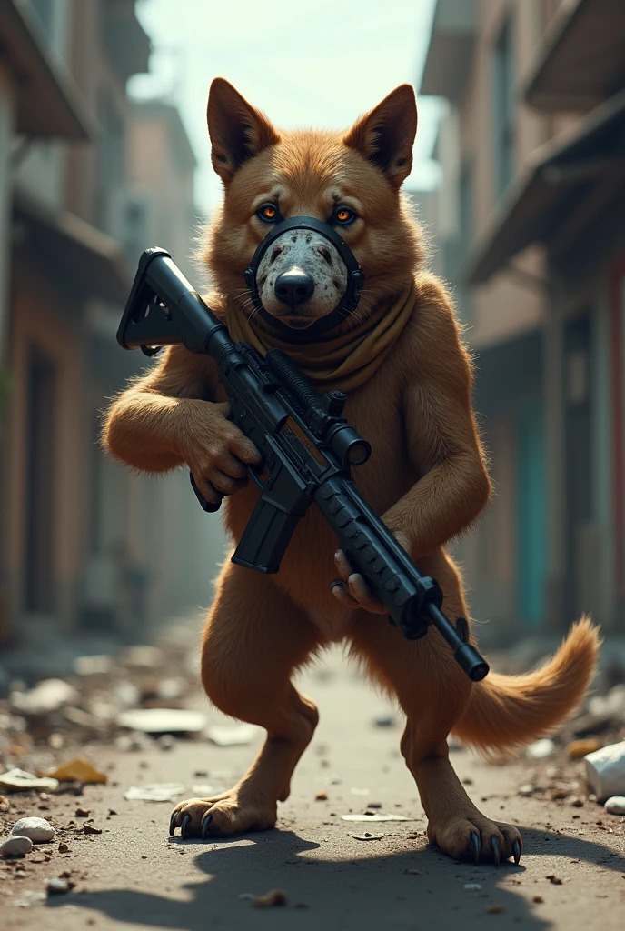 A street dog with mask and gun