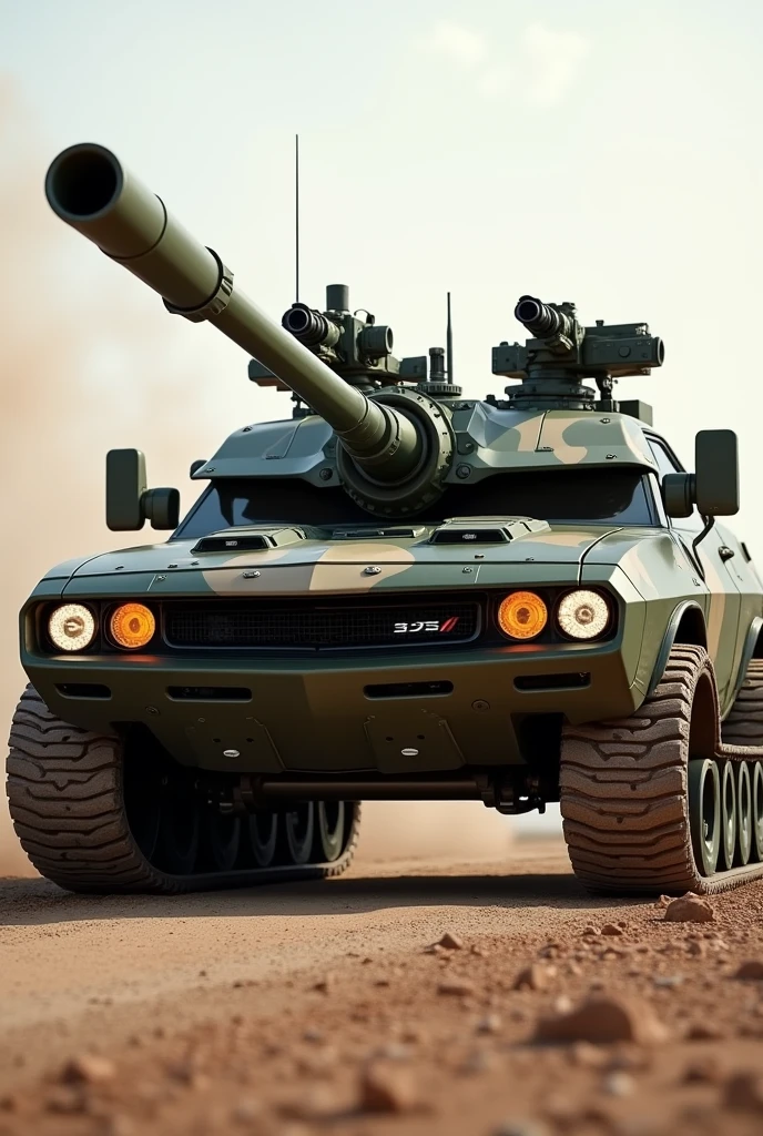 A hyper-realistic image of a military tank designed with the body shape of a Dodge Challenger. The vehicle combines the sleek, muscular lines of the Challenger with the rugged, armored features of a tank. The front of the vehicle features the iconic Challenger grille and headlights, seamlessly integrated with thick armor plating. The body has a low, wide profile, with heavy-duty tracks replacing the wheels. The tank is equipped with a large turret and cannon on top, and additional military hardware such as machine guns and reactive armor. The vehicle is painted in a matte camouflage pattern, blending urban and desert tones, and is depicted in a realistic military setting, such as a dusty battlefield or a military base. The overall look is powerful and intimidating, merging the aggressive styling of a muscle car with the formidable presence of a military tank