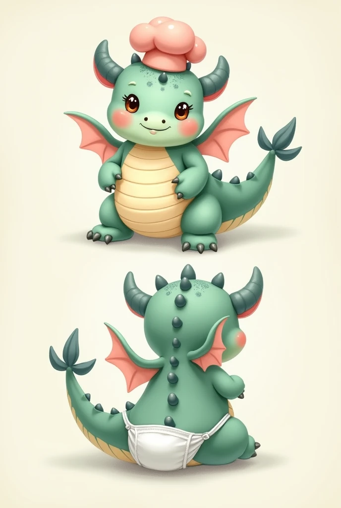 A cute and chubby dragon in kawaii style wearing a diaper and a small chef's hat on its head. The dragon has big, sparkling eyes, tiny wings, and a rounded, plump body. It has a friendly and playful expression. The dragon is depicted in two views: front view and side view. The colors are pastel, such as light green, pink, and blue, with the diaper in white and the chef's hat in light pink.