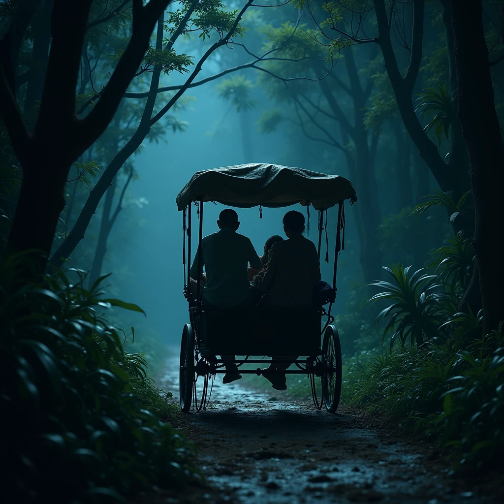 A photo of a manual rikshaw being pedaled by a man with his pregnant wife and an old lady as passengers. They are traveling through a jungle with eerie trails at night. The background is dark and mysterious.