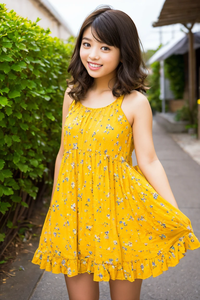 A young beauty, no more than 2, with short curly brown hair and bright brown eyes, poses smiling directly at the viewer. Her small frame is adorned in a vibrant yellow dress with a playful flower print. Pixel art style.