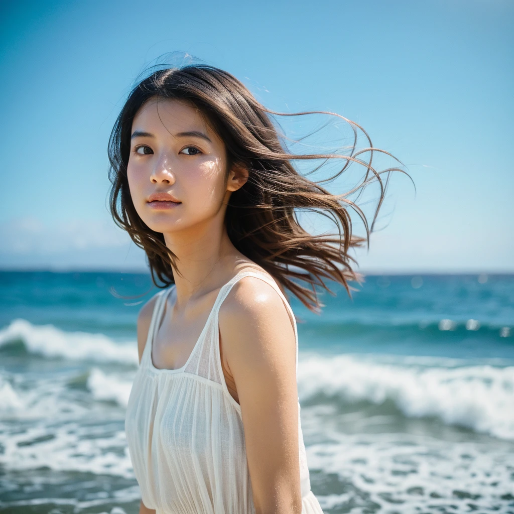 A hyper-realistic image of a single Japanese woman in her early 20s, captured with the nostalgic warmth and subtle graininess of a film camera, with the focus on her upper body from the shoulders up against a serene seaside backdrop. Her skin has a warm beige tone with a natural, slightly rough texture that includes visible pores, fine lines, and subtle imperfections such as small blemishes, adding to the authenticity of her appearance. The soft, diffused natural light reflects off the ocean waves, casting gentle, warm shadows across her face and shoulders, enhancing the film-like quality and creating a timeless, organic feel. Her straight, glossy black hair is slightly tousled by the ocean breeze, naturally framing her face, and her deep brown eyes reflect the soft light of the seaside, adding depth and emotion. The background subtly captures the peaceful ocean scenery with a glimpse of rolling waves and a faint horizon, blurred to maintain focus on her expression. The film camera effect introduces a slight grain and a softer focus, giving the image a warm, nostalgic atmosphere while maintaining the realistic texture of her skin. She is wearing a light, airy top that complements her natural beauty and the beach setting, with the overall composition designed to evoke a sense of genuine, understated elegance and connection with nature.