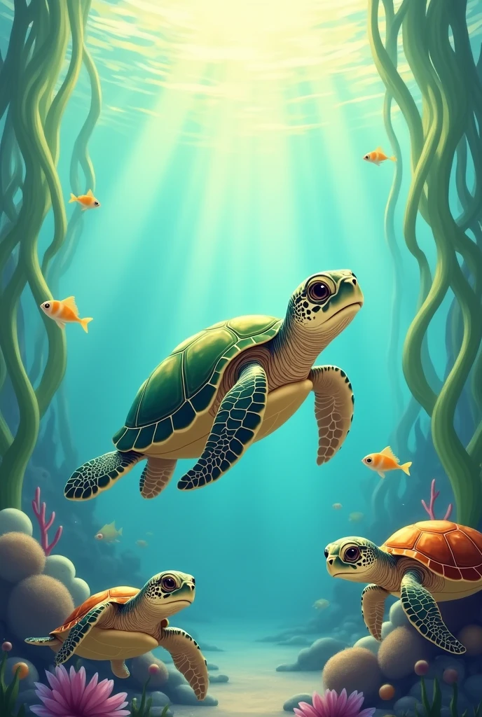 Three very cute turtles. a , A large sea turtle
