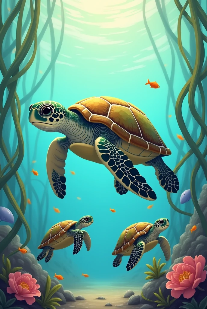 Three very cute turtles. a , A large sea turtle