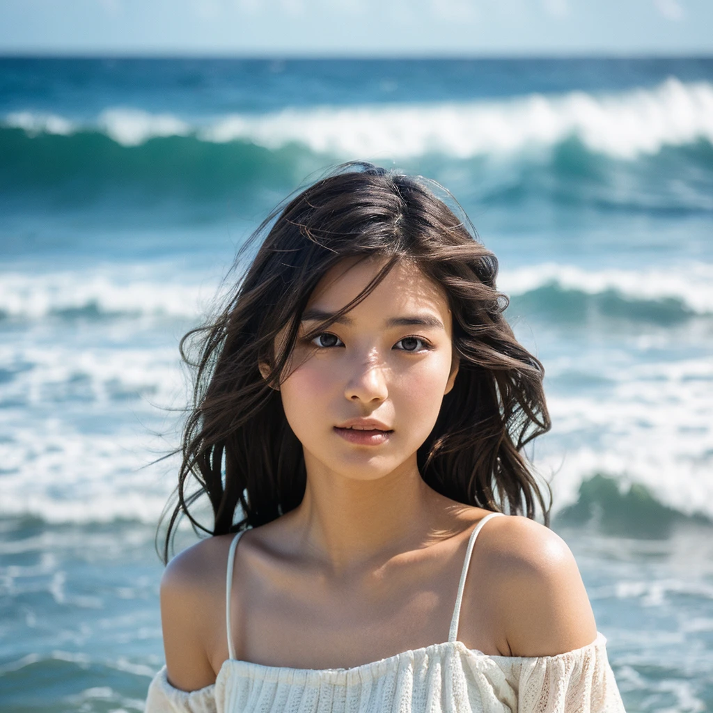 A hyper-realistic image of a single Japanese woman in her early 20s, captured with the nostalgic warmth and subtle graininess of a film camera, with the focus on her upper body from the shoulders up against a serene seaside backdrop. Her skin has a warm beige tone with a natural, slightly rough texture that includes visible pores, fine lines, and subtle imperfections such as small blemishes, adding to the authenticity of her appearance. The soft, diffused natural light reflects off the ocean waves, casting gentle, warm shadows across her face and shoulders, enhancing the film-like quality and creating a timeless, organic feel. Her straight, glossy black hair is slightly tousled by the ocean breeze, naturally framing her face, and her deep brown eyes reflect the soft light of the seaside, adding depth and emotion. The background subtly captures the peaceful ocean scenery with a glimpse of rolling waves and a faint horizon, blurred to maintain focus on her expression. The film camera effect introduces a slight grain and a softer focus, giving the image a warm, nostalgic atmosphere while maintaining the realistic texture of her skin. She is wearing a light, airy top that complements her natural beauty and the beach setting, with the overall composition designed to evoke a sense of genuine, understated elegance and connection with nature.