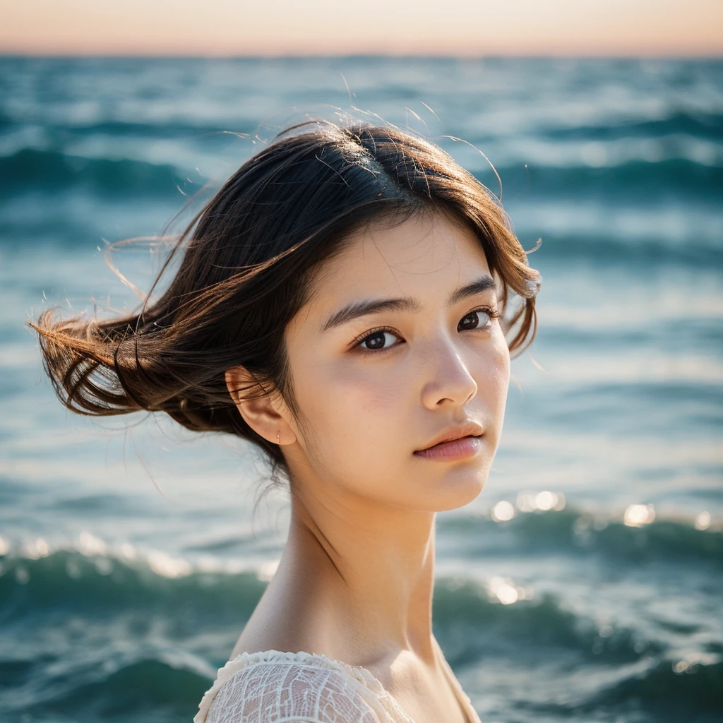 A hyper-realistic image of a single Japanese woman in her early 20s, captured with the nostalgic warmth and subtle graininess of a film camera, with the focus on her upper body from the shoulders up against a serene seaside backdrop. Her skin has a warm beige tone with a natural, slightly rough texture that includes visible pores, fine lines, and subtle imperfections such as small blemishes, adding to the authenticity of her appearance. The soft, diffused natural light reflects off the ocean waves, casting gentle, warm shadows across her face and shoulders, enhancing the film-like quality and creating a timeless, organic feel. Her straight, glossy black hair is slightly tousled by the ocean breeze, naturally framing her face, and her deep brown eyes reflect the soft light of the seaside, adding depth and emotion. The background subtly captures the peaceful ocean scenery with a glimpse of rolling waves and a faint horizon, blurred to maintain focus on her expression. The film camera effect introduces a slight grain and a softer focus, giving the image a warm, nostalgic atmosphere while maintaining the realistic texture of her skin. She is wearing a light, airy top that complements her natural beauty and the beach setting, with the overall composition designed to evoke a sense of genuine, understated elegance and connection with nature.