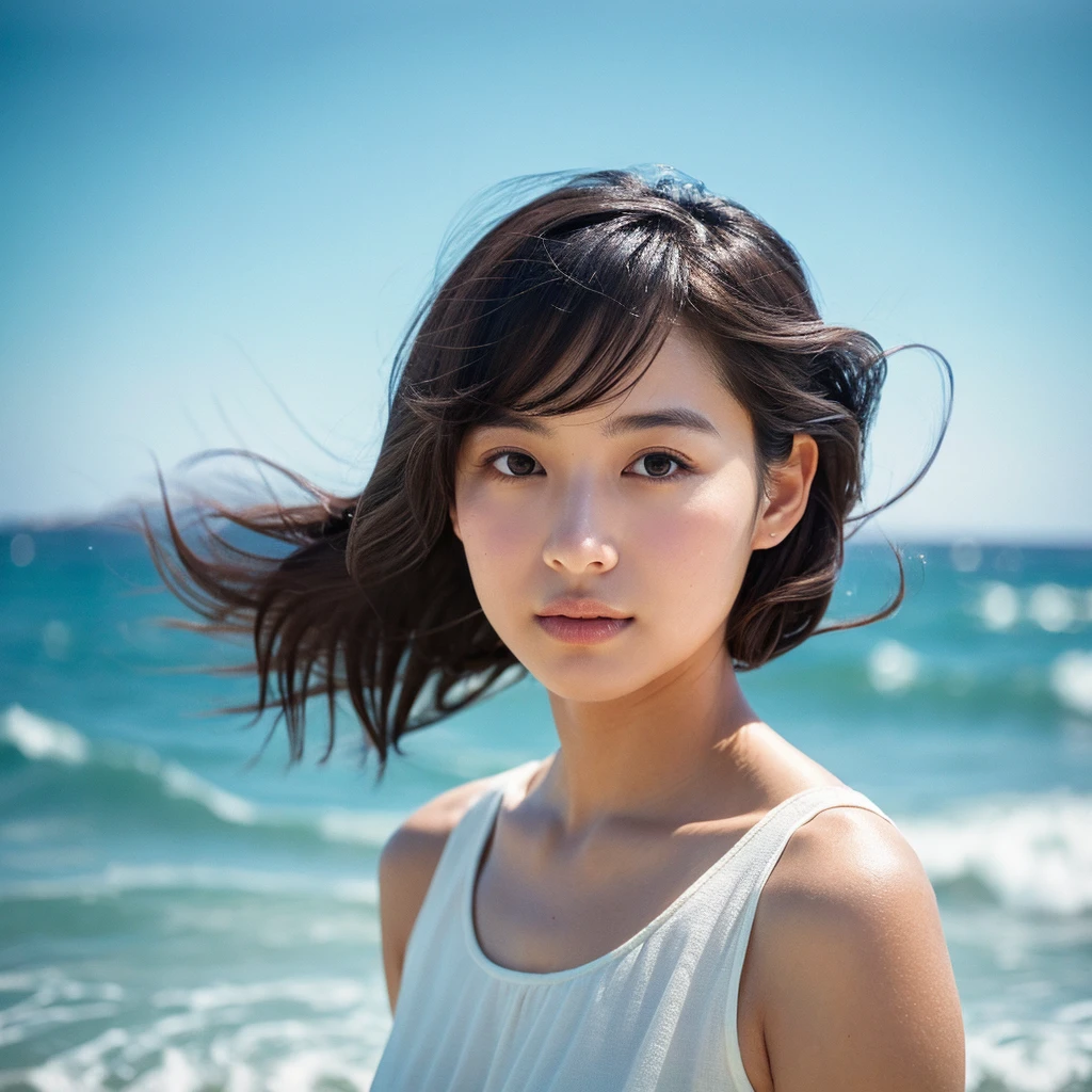 A hyper-realistic image of a single Japanese woman in her early 20s, captured with the nostalgic warmth and subtle graininess of a film camera, with the focus on her upper body from the shoulders up against a serene seaside backdrop. Her skin has a warm beige tone with a natural, slightly rough texture that includes visible pores, fine lines, and subtle imperfections such as small blemishes, adding to the authenticity of her appearance. The soft, diffused natural light reflects off the ocean waves, casting gentle, warm shadows across her face and shoulders, enhancing the film-like quality and creating a timeless, organic feel. Her straight, glossy black hair is slightly tousled by the ocean breeze, naturally framing her face, and her deep brown eyes reflect the soft light of the seaside, adding depth and emotion. The background subtly captures the peaceful ocean scenery with a glimpse of rolling waves and a faint horizon, blurred to maintain focus on her expression. The film camera effect introduces a slight grain and a softer focus, giving the image a warm, nostalgic atmosphere while maintaining the realistic texture of her skin. She is wearing a light, airy top that complements her natural beauty and the beach setting, with the overall composition designed to evoke a sense of genuine, understated elegance and connection with nature.