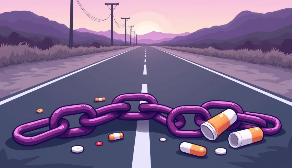 Purple chain thrown on a road, medicines thrown on the road, shades of purple, chains, style cartoon, lifeless colors,