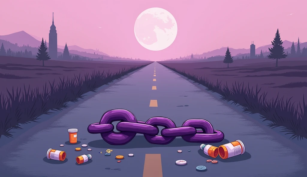 Purple chain thrown on a road, medicines thrown on the road, shades of purple, chains, style cartoon, lifeless colors,