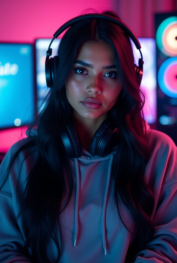A full body shot portrait of an Indian woman gazing alluringly at the camera, showcasing her long, silky black hair and enchanting dark eyes, wearing a cool hoodie, and a cool gaming setup in the background, Having fun while playing game, illuminated by RGB lights, with her wearing sleek headphones, captured in 8K HDR, highly detailed, realistic image emphasizing her confident, vibrant spirit in a modern gaming environment