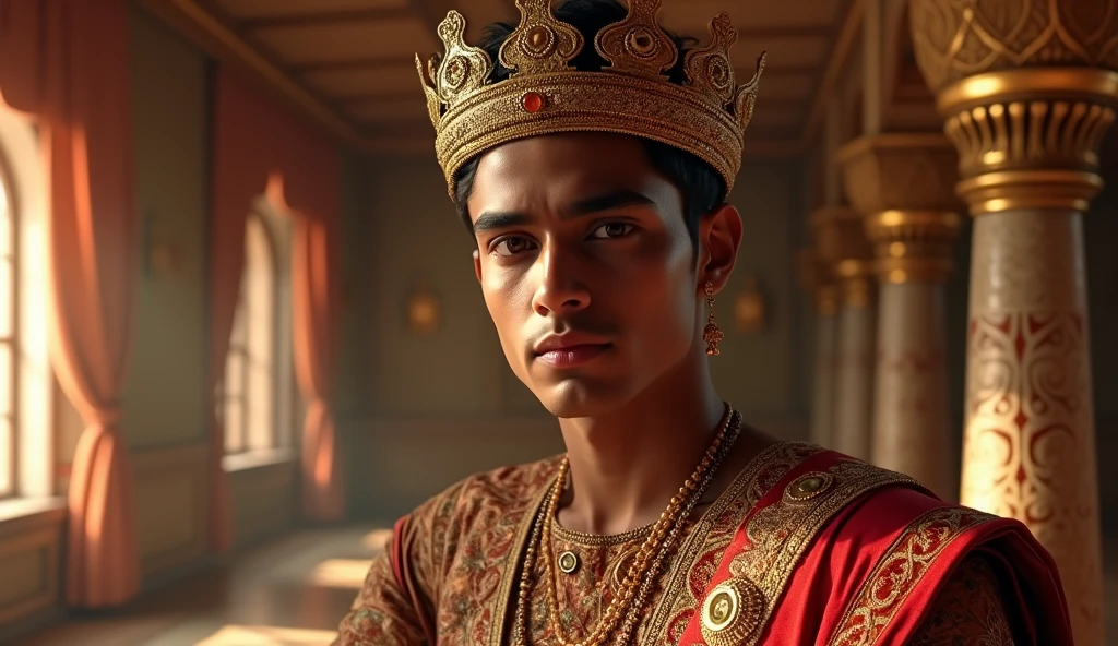 एक युवा भारतीय राजा, जिसके सिर पर एक पारंपरिक मुकुट है, जिसमें जटिल डिज़ाइन की नक्काशी है, और वह शानदार राजसी वस्त्र पहने हुए है, एक सुसज्जित कमरे में खड़ा है। राजा के चेहरे पर शांत और गरिमा से भरी अभिव्यक्ति है, और वह सीधे सामने देख रहा है। पृष्ठभूमि में एक खिड़की है, जिससे प्राकृतिक प्रकाश कमरे में प्रवेश कर रहा है और राजा की उपस्थिति को उजागर कर रहा है। कमरे की सजावट पारंपरिक भारतीय वास्तुकला और डिज़ाइन के तत्वों को दर्शाती है, जिसमें दीवारों पर जटिल पैटर्न और पारंपरिक भारतीय रूपांकनों की सजावट है। इस दृश्य में राजसी और सांस्कृतिक धरोहर की भावना को कैद किया गया है। इसे उच्च गुणवत्ता वाली 4K या 8K रिज़ॉल्यूशन में रेंडर करें, ताकि यह यथार्थवादी और विस्तृत रूप में दिखाई दे।"
