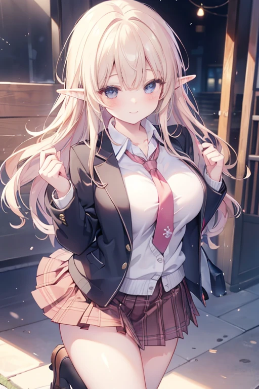 (best quality, masterpiece, ultra-detailed, perfect pixels), (UHD, RTX, 4k wallpaper, japanese anime, CG smooth, textured skin, realistic texture, natural light), 1girl, rio, elf,seductive, busty, perfect body, bangs, long hair, (close-up, pov, dynamic pose), sly smile, beautiful smile, nipslip, medium breasts, blush, (school uniform, jacket, necktie, cardigan, plaid skirt), outdoor, amusement park, leaning forward