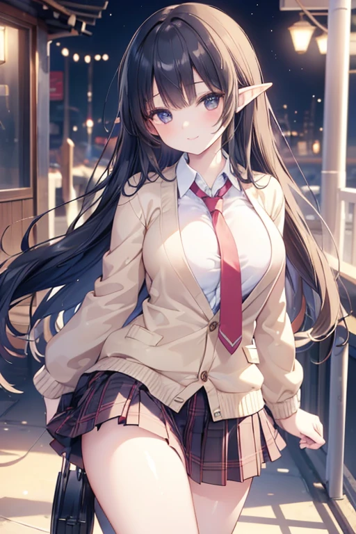 (best quality, masterpiece, ultra-detailed, perfect pixels), (UHD, RTX, 4k wallpaper, japanese anime, CG smooth, textured skin, realistic texture, natural light), 1girl, rio, elf,seductive, busty, perfect body, bangs, long hair, (close-up, pov, dynamic pose), sly smile, beautiful smile, nipslip, medium breasts, blush, (school uniform, jacket, necktie, cardigan, plaid skirt), outdoor, amusement park, leaning forward