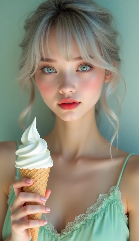 a close-up of a girl solo long hair and white person holding an ice cream cone, sweet girl, woman with wavy silver hair, bangs, light blue eyes, red lips, tender green dress,